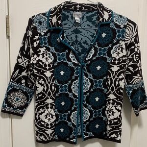 Chico's Black Teal and Crème Patterned 3/4 Sleeve Womens Cardigan Size 1 S-M